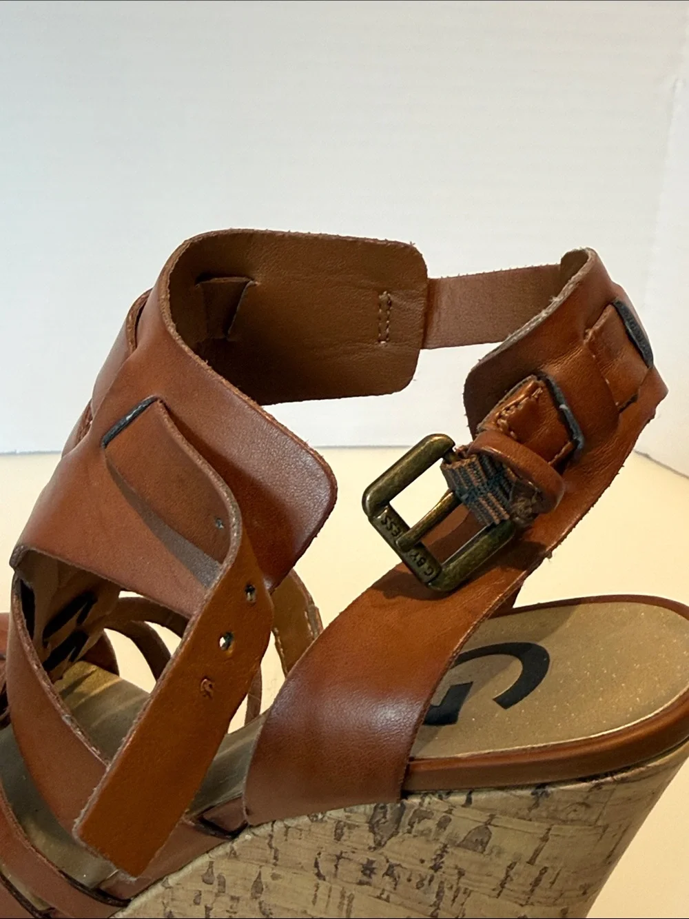 G by Guess Brown Strappy Cork Wedge Sandals with Ankle Buckle